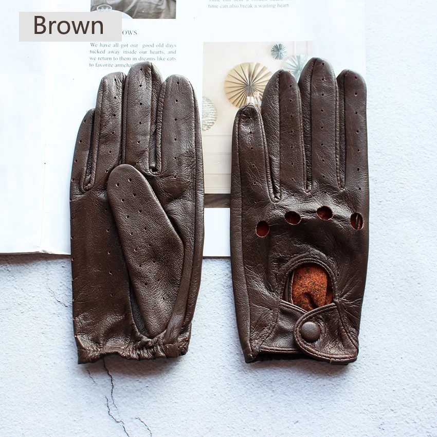 Summer Driving Leather Gloves Women's Thin Sheepskin Unlined Fashionable Hollowed Out All Finger Motorcycle Riding Gloves