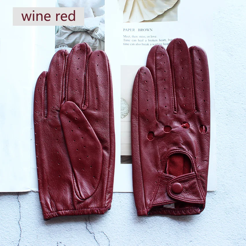 Summer Driving Leather Gloves Women's Thin Sheepskin Unlined Fashionable Hollowed Out All Finger Motorcycle Riding Gloves