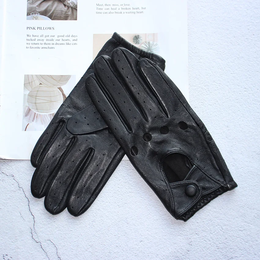 Summer Driving Leather Gloves Women's Thin Sheepskin Unlined Fashionable Hollowed Out All Finger Motorcycle Riding Gloves