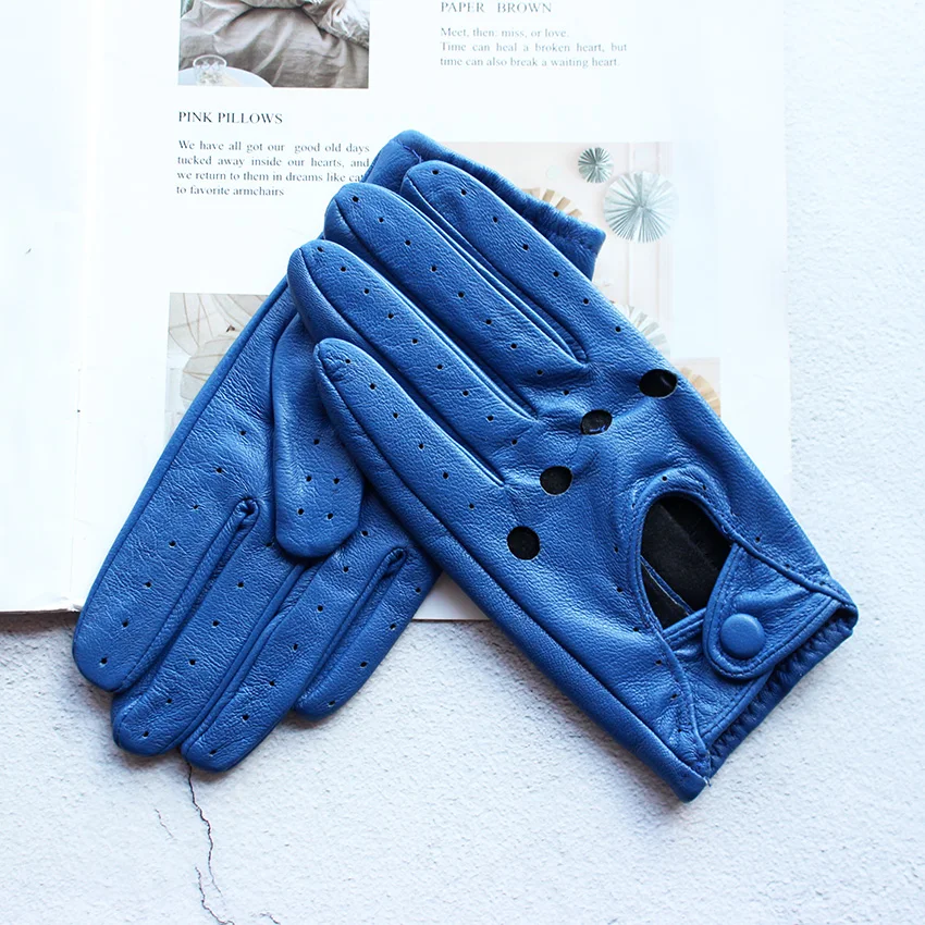 Summer Driving Leather Gloves Women's Thin Sheepskin Unlined Fashionable Hollowed Out All Finger Motorcycle Riding Gloves