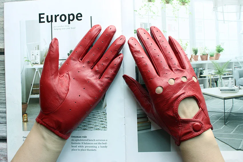Summer Driving Leather Gloves Women's Thin Sheepskin Unlined Fashionable Hollowed Out All Finger Motorcycle Riding Gloves