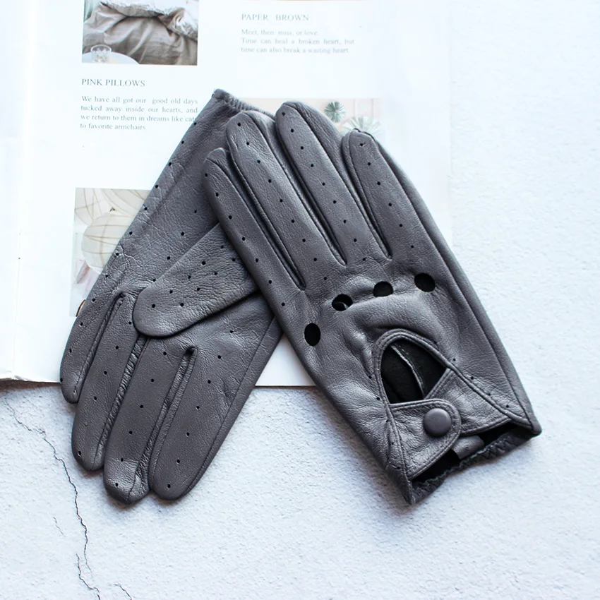 Summer Driving Leather Gloves Women's Thin Sheepskin Unlined Fashionable Hollowed Out All Finger Motorcycle Riding Gloves