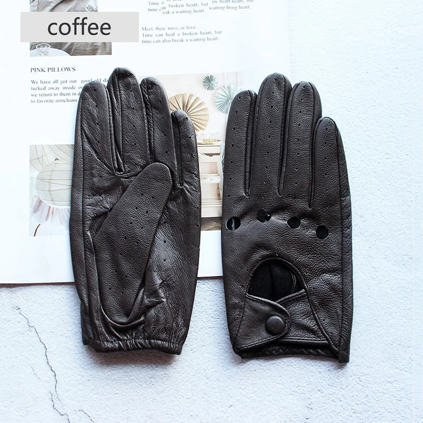 Summer Driving Leather Gloves Women's Thin Sheepskin Unlined Fashionable Hollowed Out All Finger Motorcycle Riding Gloves