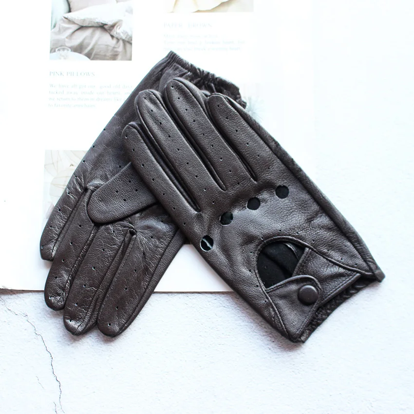 Summer Driving Leather Gloves Women's Thin Sheepskin Unlined Fashionable Hollowed Out All Finger Motorcycle Riding Gloves
