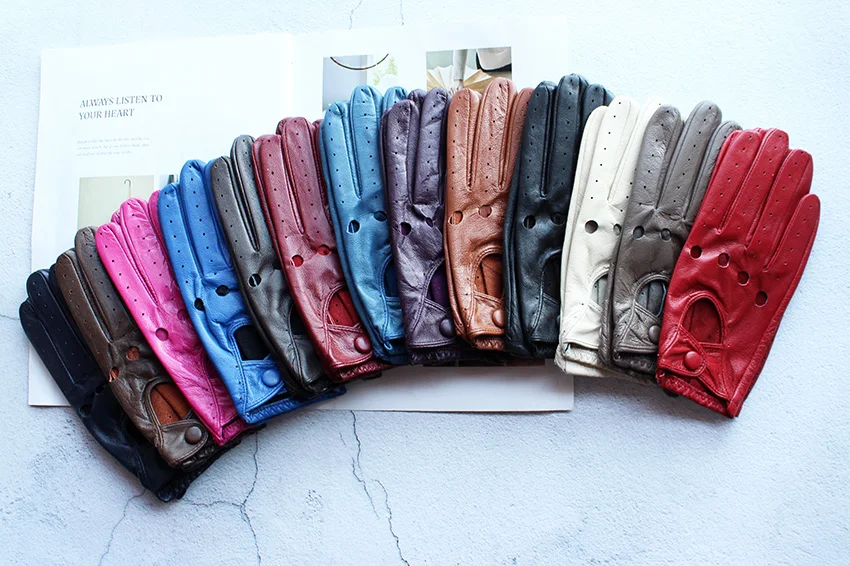 Summer Driving Leather Gloves Women's Thin Sheepskin Unlined Fashionable Hollowed Out All Finger Motorcycle Riding Gloves