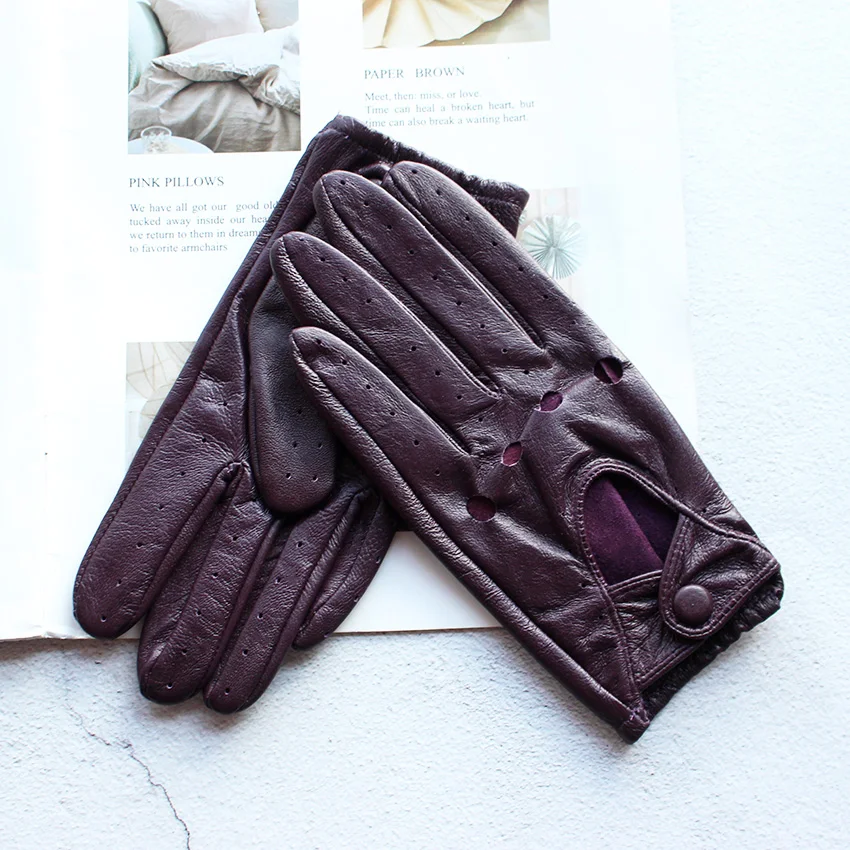 Summer Driving Leather Gloves Women's Thin Sheepskin Unlined Fashionable Hollowed Out All Finger Motorcycle Riding Gloves