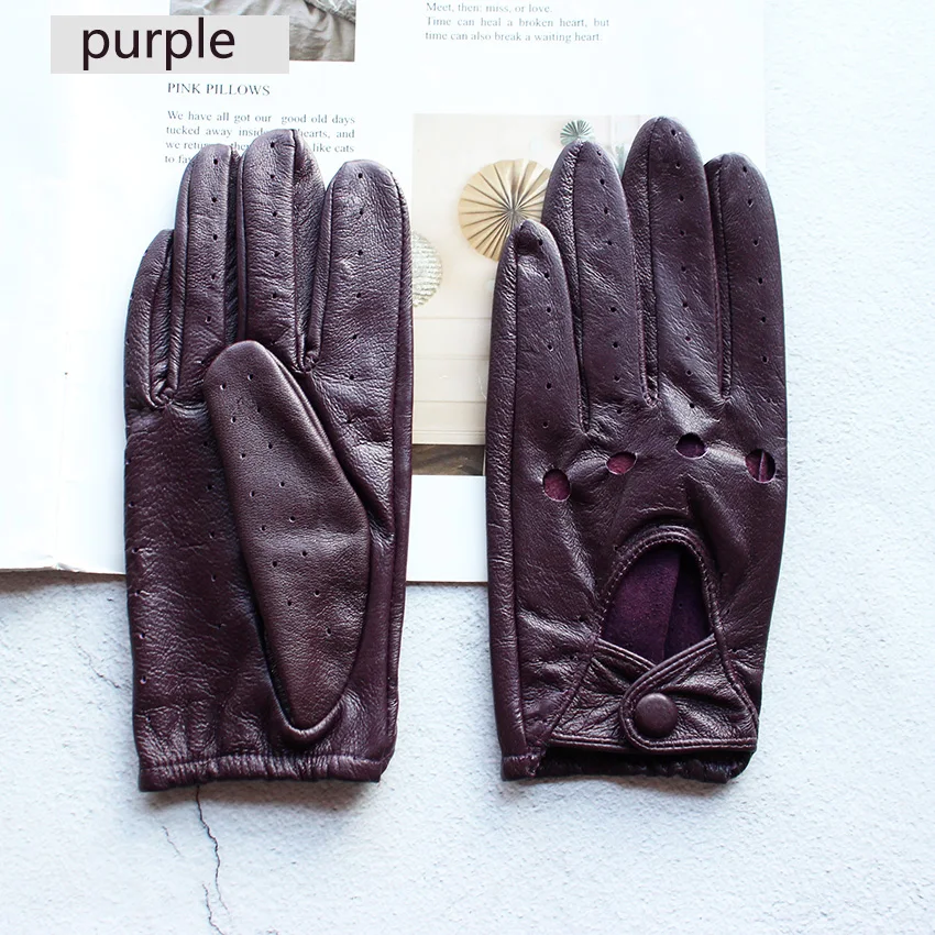 Summer Driving Leather Gloves Women's Thin Sheepskin Unlined Fashionable Hollowed Out All Finger Motorcycle Riding Gloves