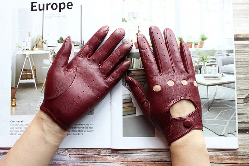 Summer Driving Leather Gloves Women's Thin Sheepskin Unlined Fashionable Hollowed Out All Finger Motorcycle Riding Gloves