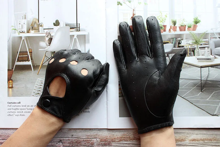 Summer Driving Leather Gloves Women's Thin Sheepskin Unlined Fashionable Hollowed Out All Finger Motorcycle Riding Gloves