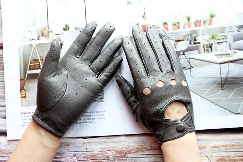 Summer Driving Leather Gloves Women's Thin Sheepskin Unlined Fashionable Hollowed Out All Finger Motorcycle Riding Gloves
