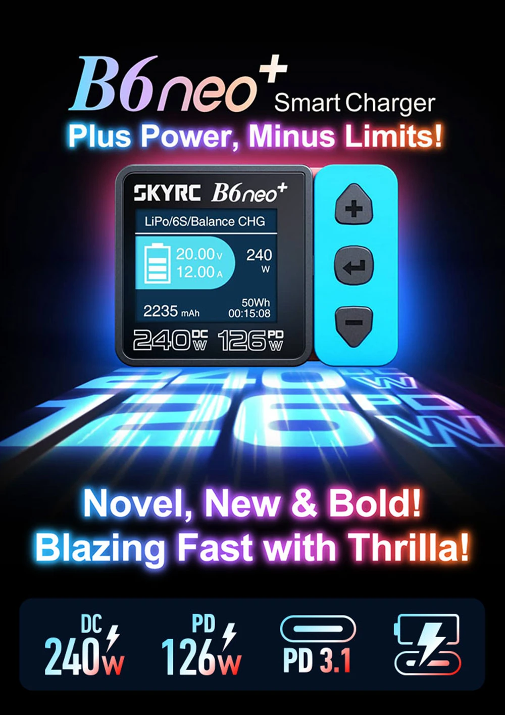 ​SKYRC B6neo+ Smart Charger High Power DC240W PD126W Multilanguage Balance Charger 600mA XT60/Type-C /PSA100 Power Adapter