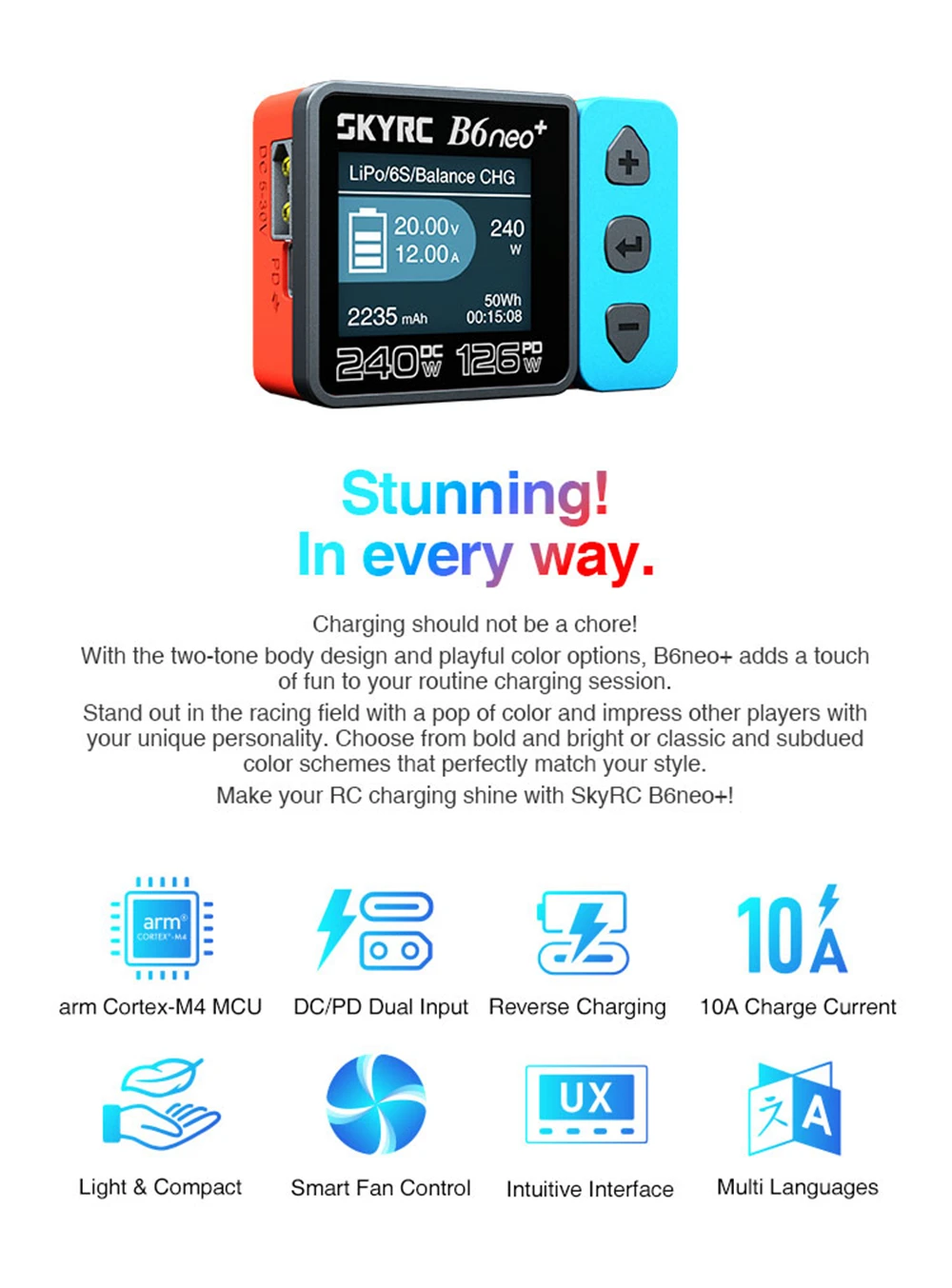 ​SKYRC B6neo+ Smart Charger High Power DC240W PD126W Multilanguage Balance Charger 600mA XT60/Type-C /PSA100 Power Adapter