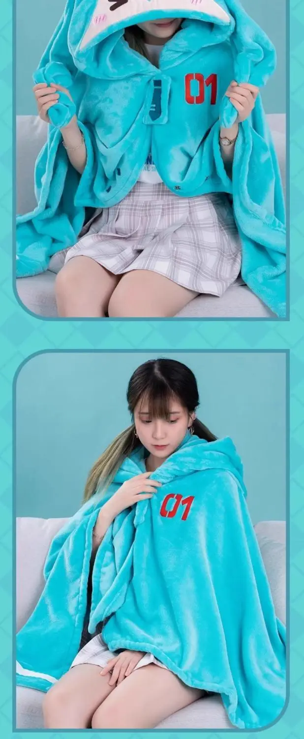 Kawaii Hatsune Itabag Multifunctional Hooded Air Conditioning Blanket Flannel Cloak Soft And Warm Nap Shawl Miku Surprise Gift