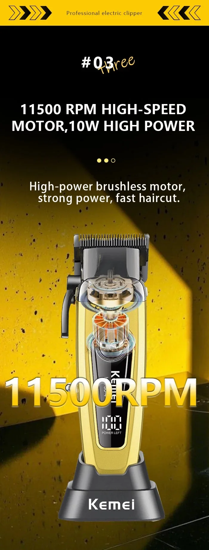 Kemei Professional Brushless Motor Hair Clippers 11500RPM Cordless Barber Electric Hair Trimmer DLC-Blade Hair Cutting Machine
