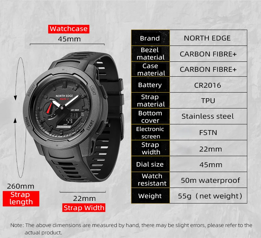 NORTH EDGE Mars3 Men's Military Watch Digital Carbon Fiber Case For Man Waterproof 50M Sports Watches World Time