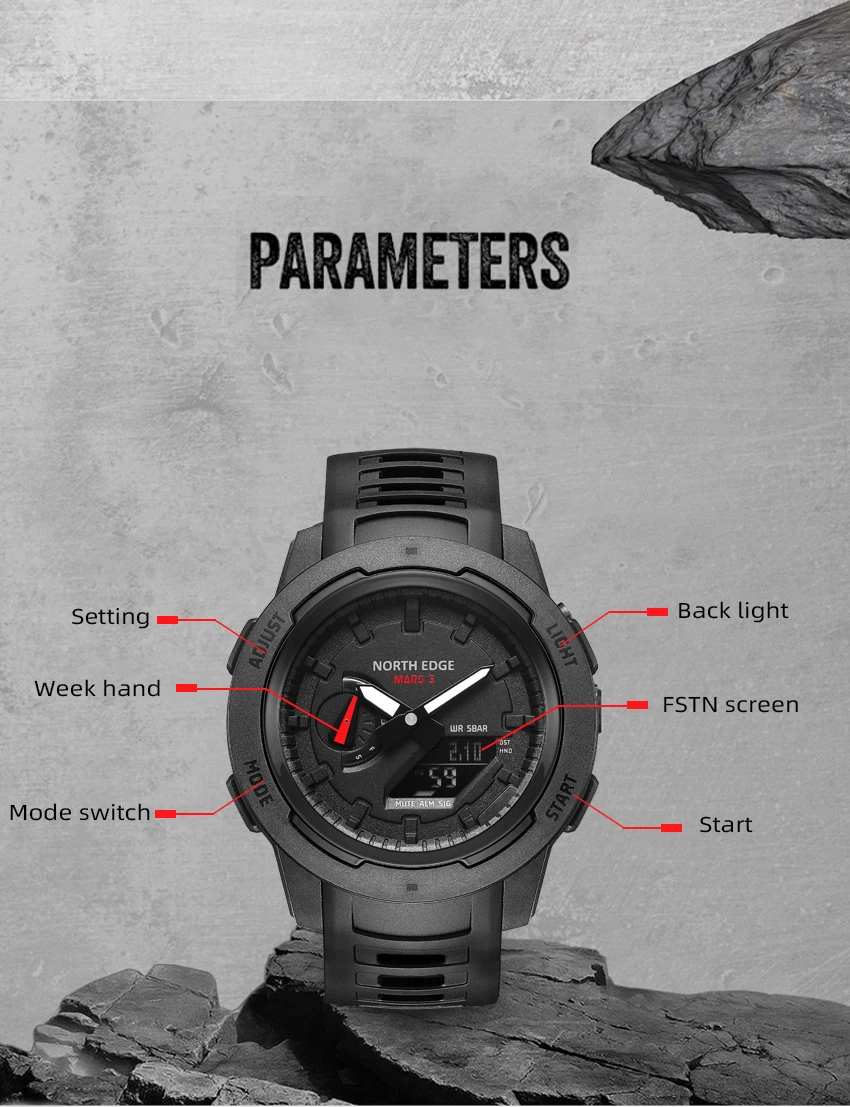 NORTH EDGE Mars3 Men's Military Watch Digital Carbon Fiber Case For Man Waterproof 50M Sports Watches World Time