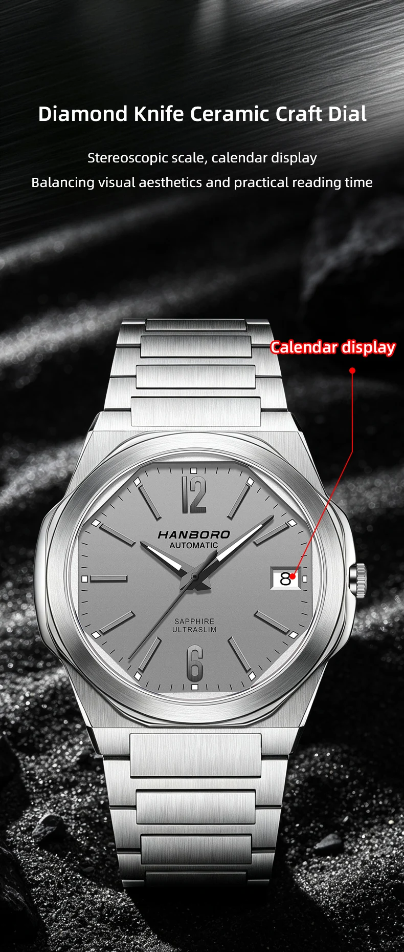 HANBORO Ultra Thin Steel King Series Men's Fully Automatic Mechanical Pearl Tourette Watch Fashion Personalized Watch 018