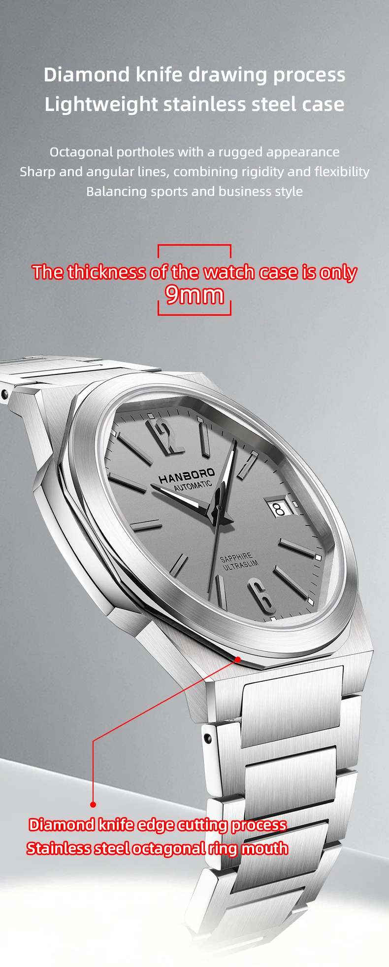 HANBORO Ultra Thin Steel King Series Men's Fully Automatic Mechanical Pearl Tourette Watch Fashion Personalized Watch 018