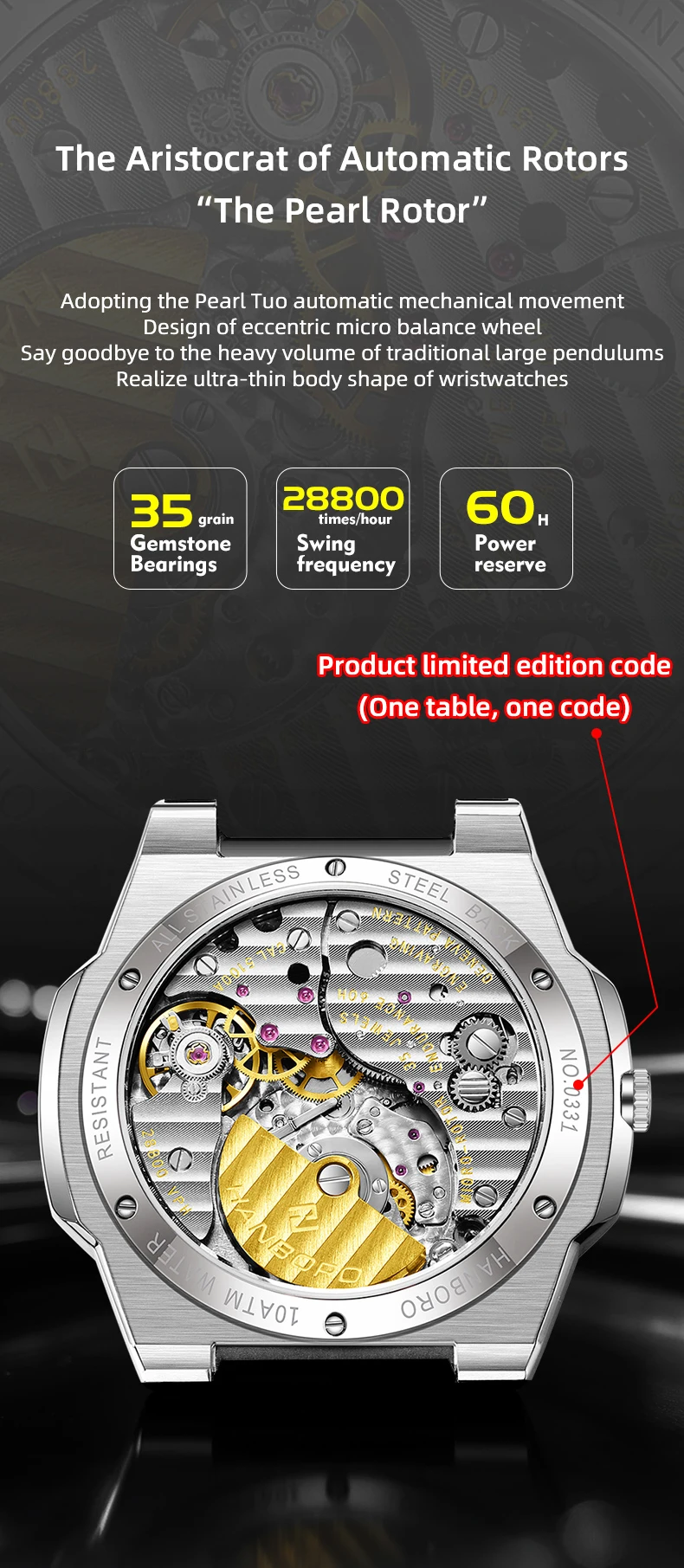 HANBORO Ultra Thin Steel King Series Men's Fully Automatic Mechanical Pearl Tourette Watch Fashion Personalized Watch 018