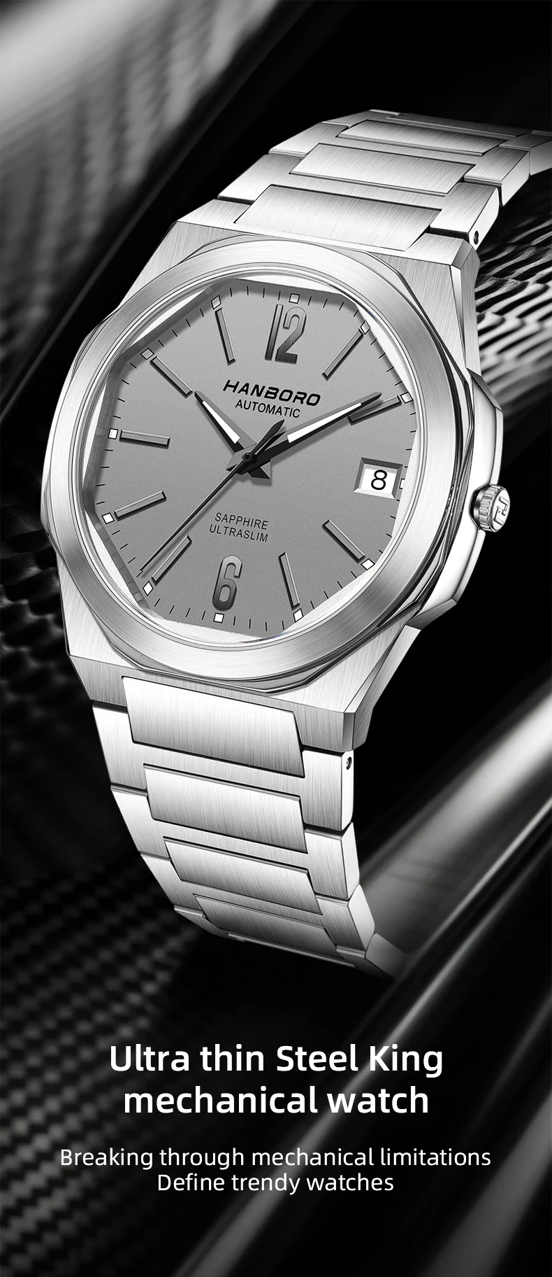 HANBORO Ultra Thin Steel King Series Men's Fully Automatic Mechanical Pearl Tourette Watch Fashion Personalized Watch 018