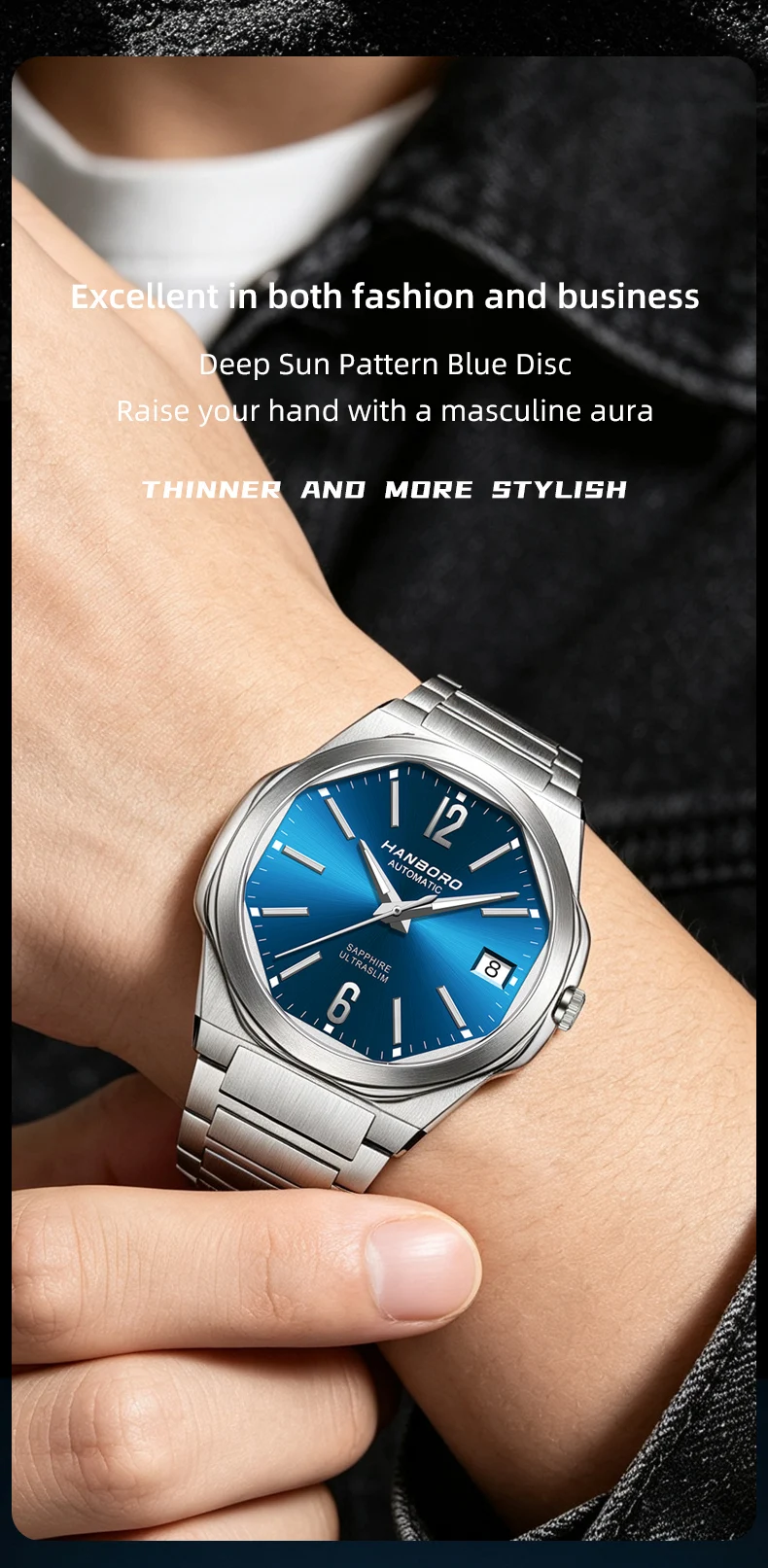 HANBORO Ultra Thin Steel King Series Men's Fully Automatic Mechanical Pearl Tourette Watch Fashion Personalized Watch 018