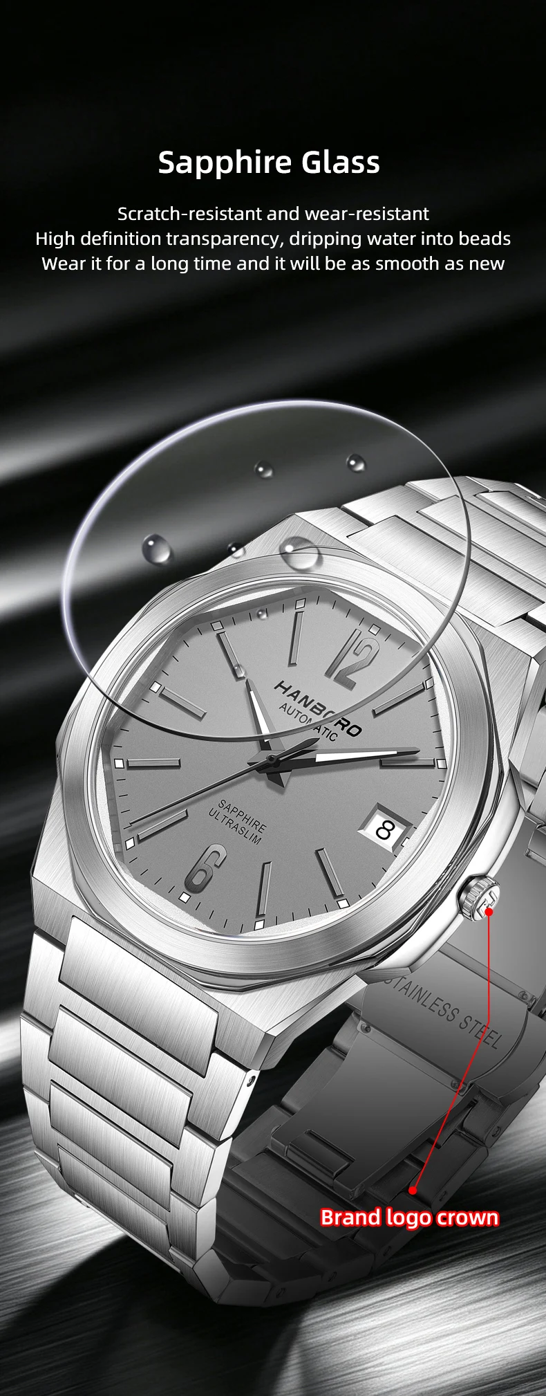 HANBORO Ultra Thin Steel King Series Men's Fully Automatic Mechanical Pearl Tourette Watch Fashion Personalized Watch 018