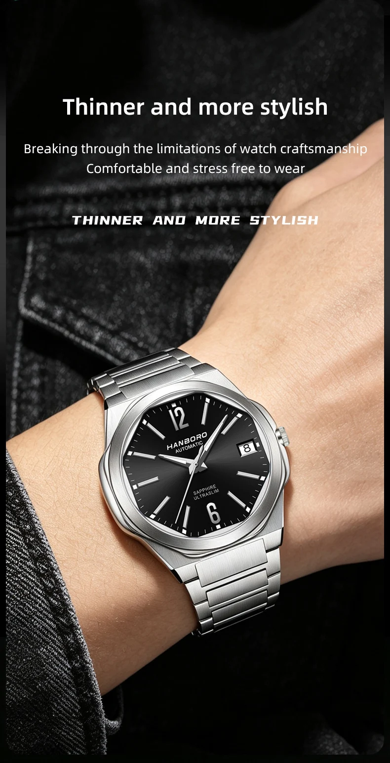 HANBORO Ultra Thin Steel King Series Men's Fully Automatic Mechanical Pearl Tourette Watch Fashion Personalized Watch 018