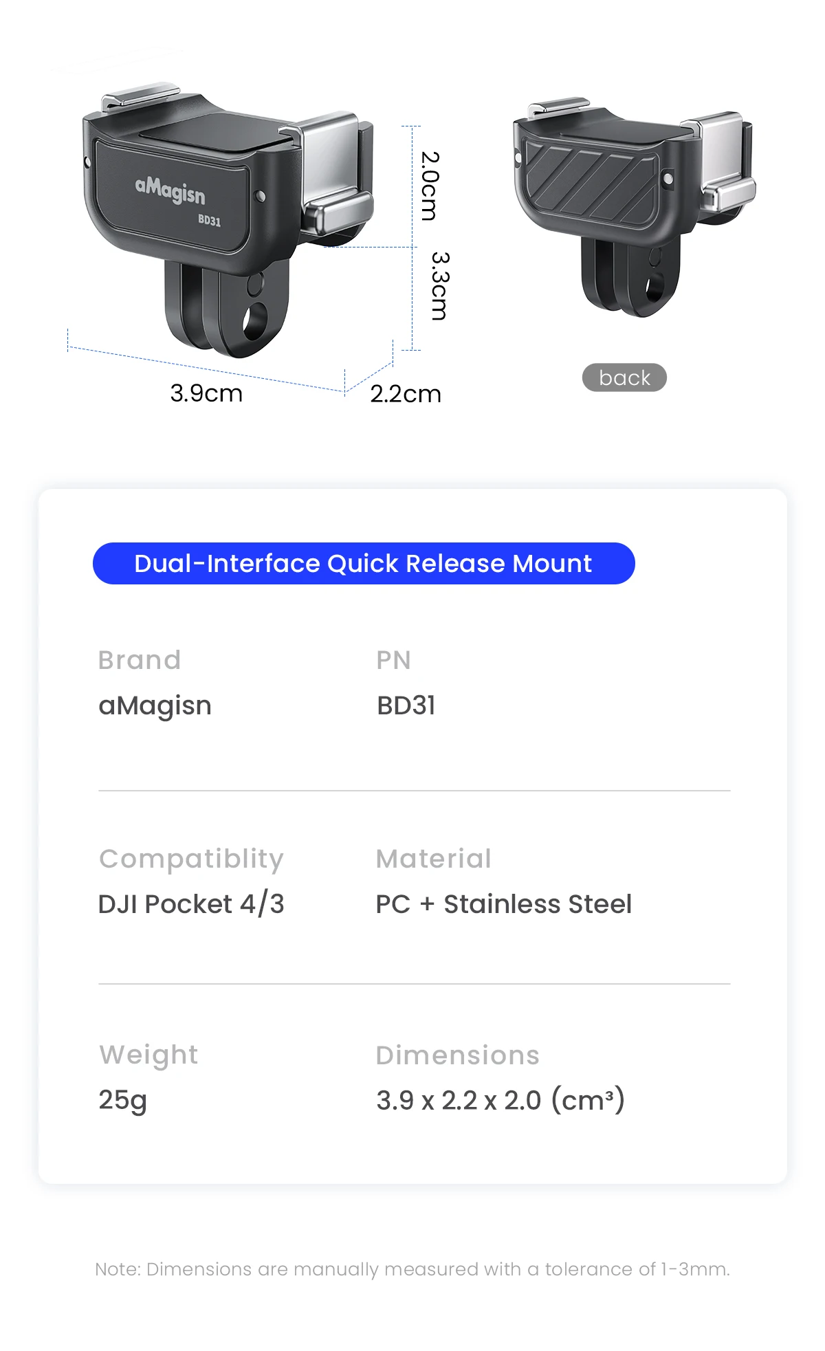 aMagisn Quick Release Base Mount for DJI Osmo Pocket 4P / 4 / 3, Built-in Type-C for Mic / Charging Pocket4 3 4P Accessories
