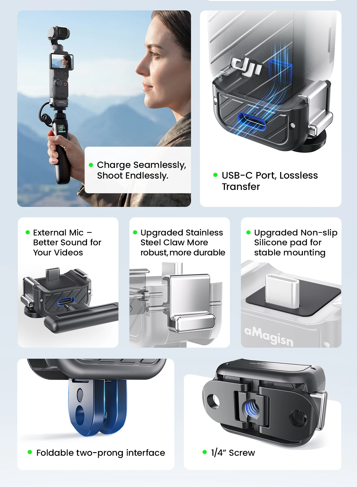 aMagisn Quick Release Base Mount for DJI Osmo Pocket 4P / 4 / 3, Built-in Type-C for Mic / Charging Pocket4 3 4P Accessories