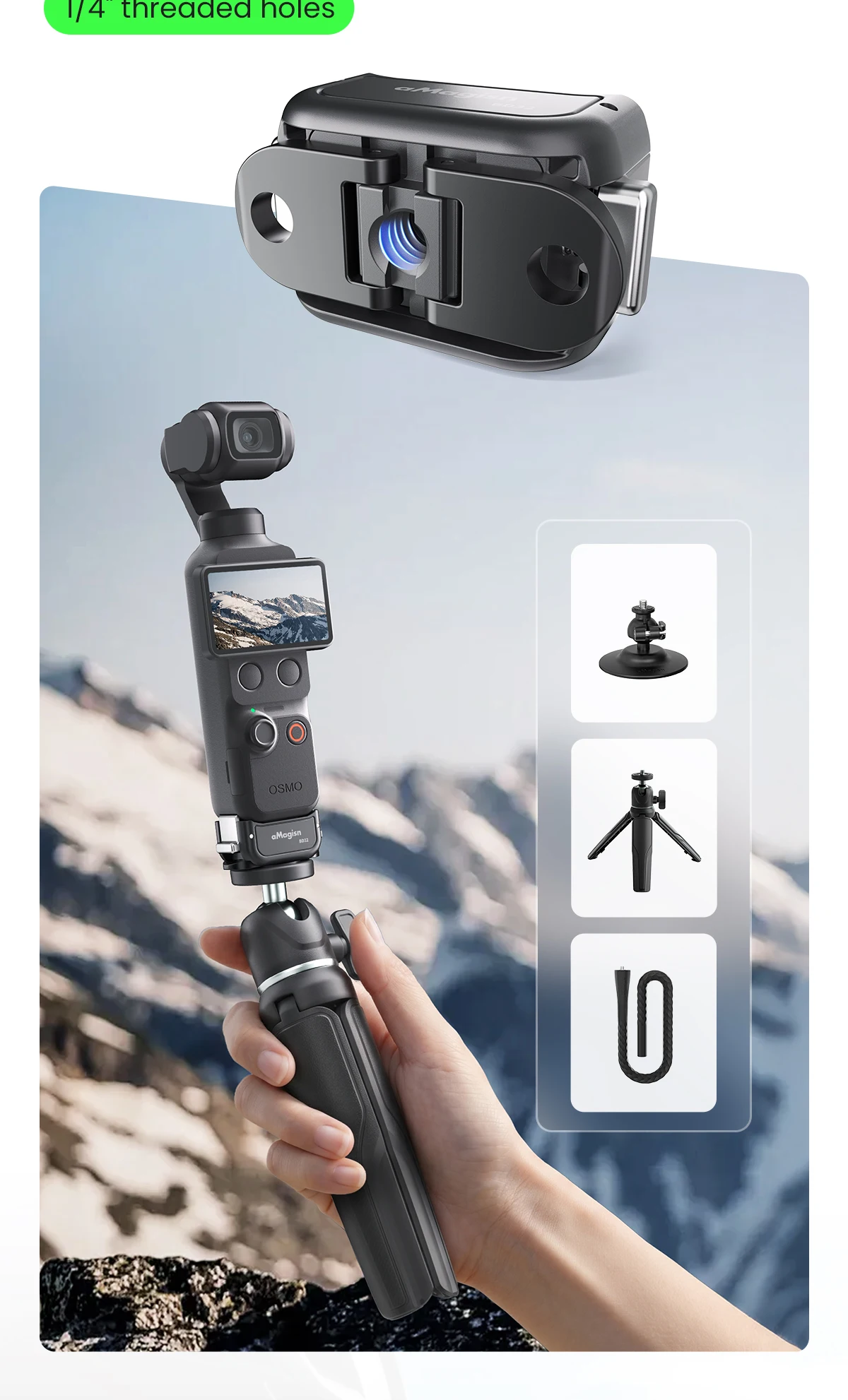 aMagisn Quick Release Base Mount for DJI Osmo Pocket 4P / 4 / 3, Built-in Type-C for Mic / Charging Pocket4 3 4P Accessories