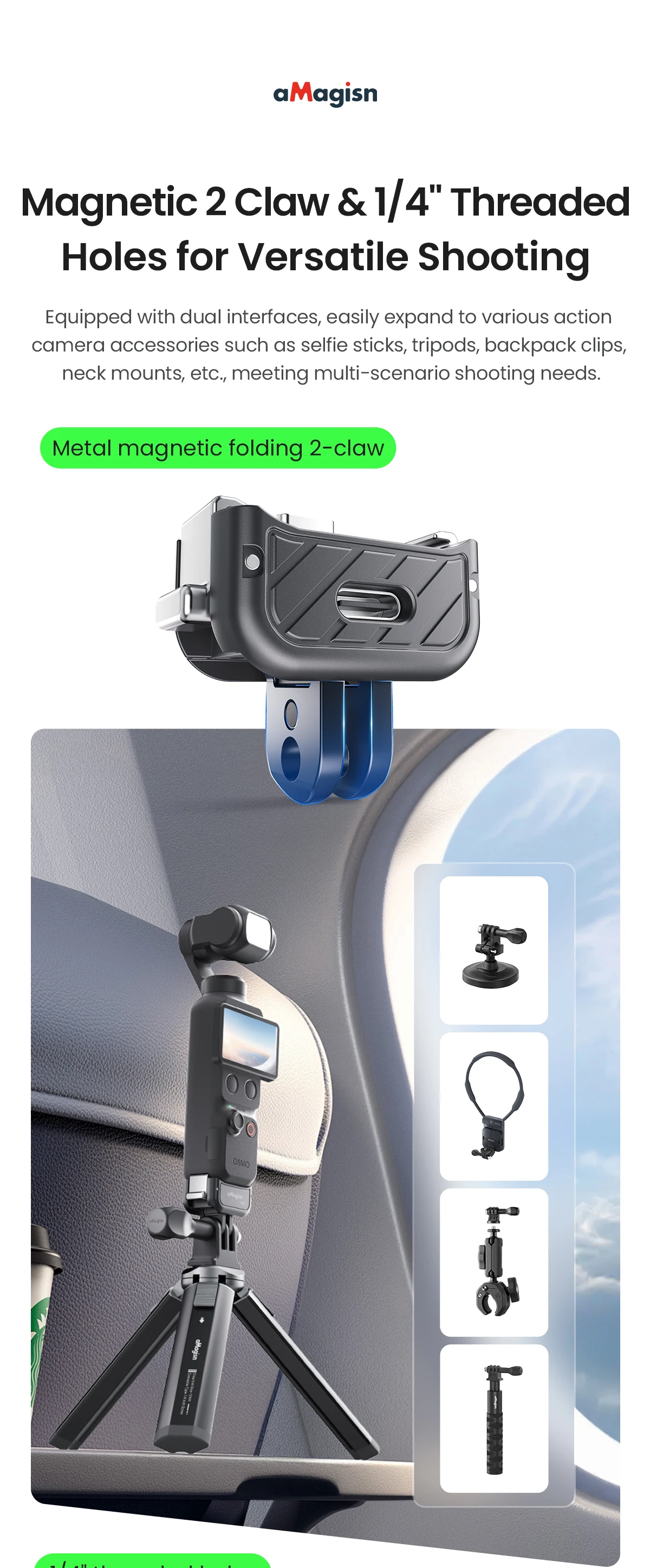 aMagisn Quick Release Base Mount for DJI Osmo Pocket 4P / 4 / 3, Built-in Type-C for Mic / Charging Pocket4 3 4P Accessories