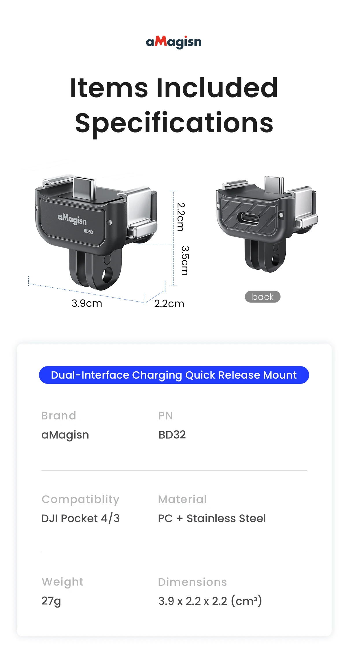 aMagisn Quick Release Base Mount for DJI Osmo Pocket 4P / 4 / 3, Built-in Type-C for Mic / Charging Pocket4 3 4P Accessories