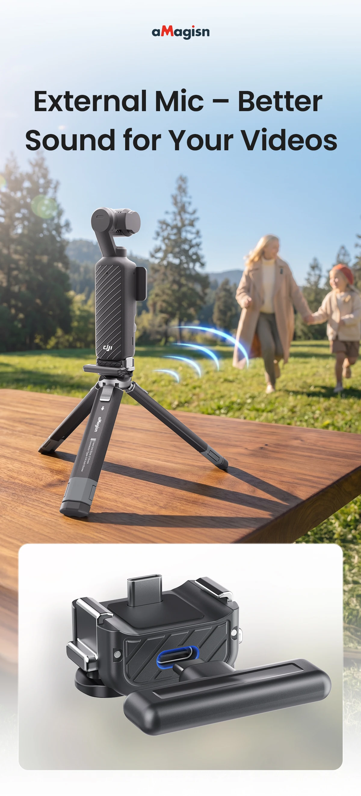 aMagisn Quick Release Base Mount for DJI Osmo Pocket 4P / 4 / 3, Built-in Type-C for Mic / Charging Pocket4 3 4P Accessories