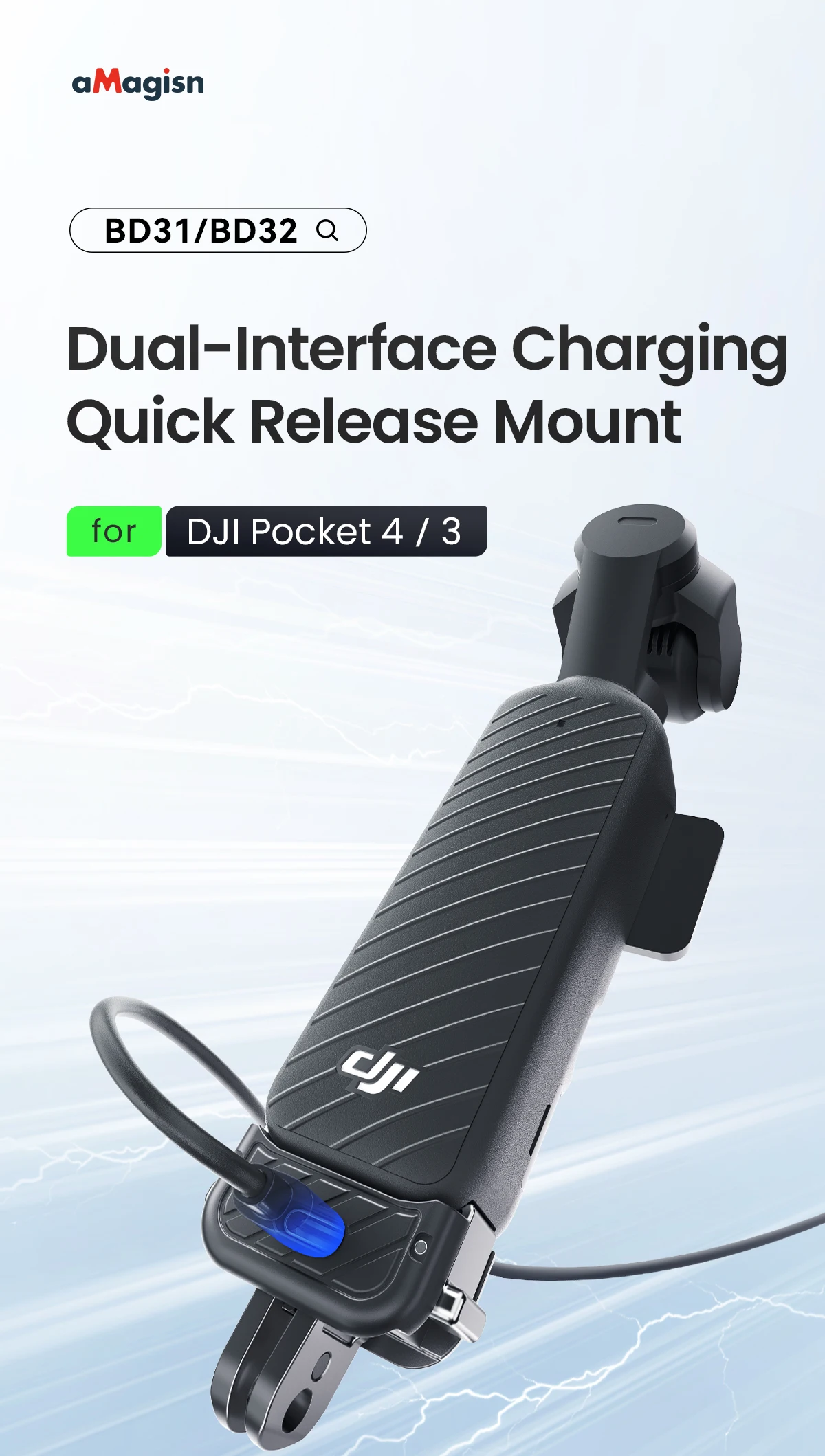 aMagisn Quick Release Base Mount for DJI Osmo Pocket 4P / 4 / 3, Built-in Type-C for Mic / Charging Pocket4 3 4P Accessories
