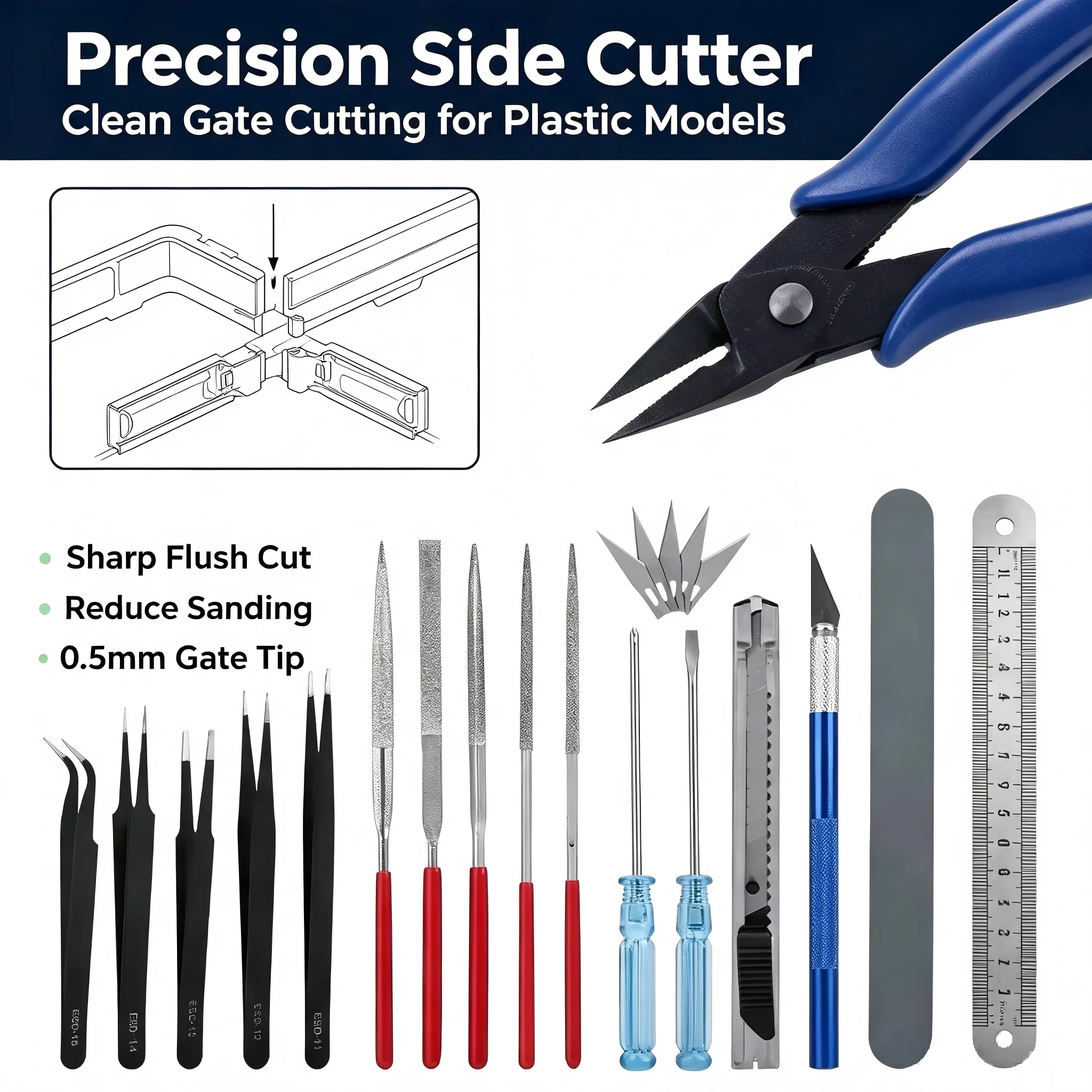 26Pcs Gundam Model Tool Set DIY Hobby Assembly Kit Side Cutter Tweezers Sanding Sticks Hobby Knife for Beginner Model Car Making