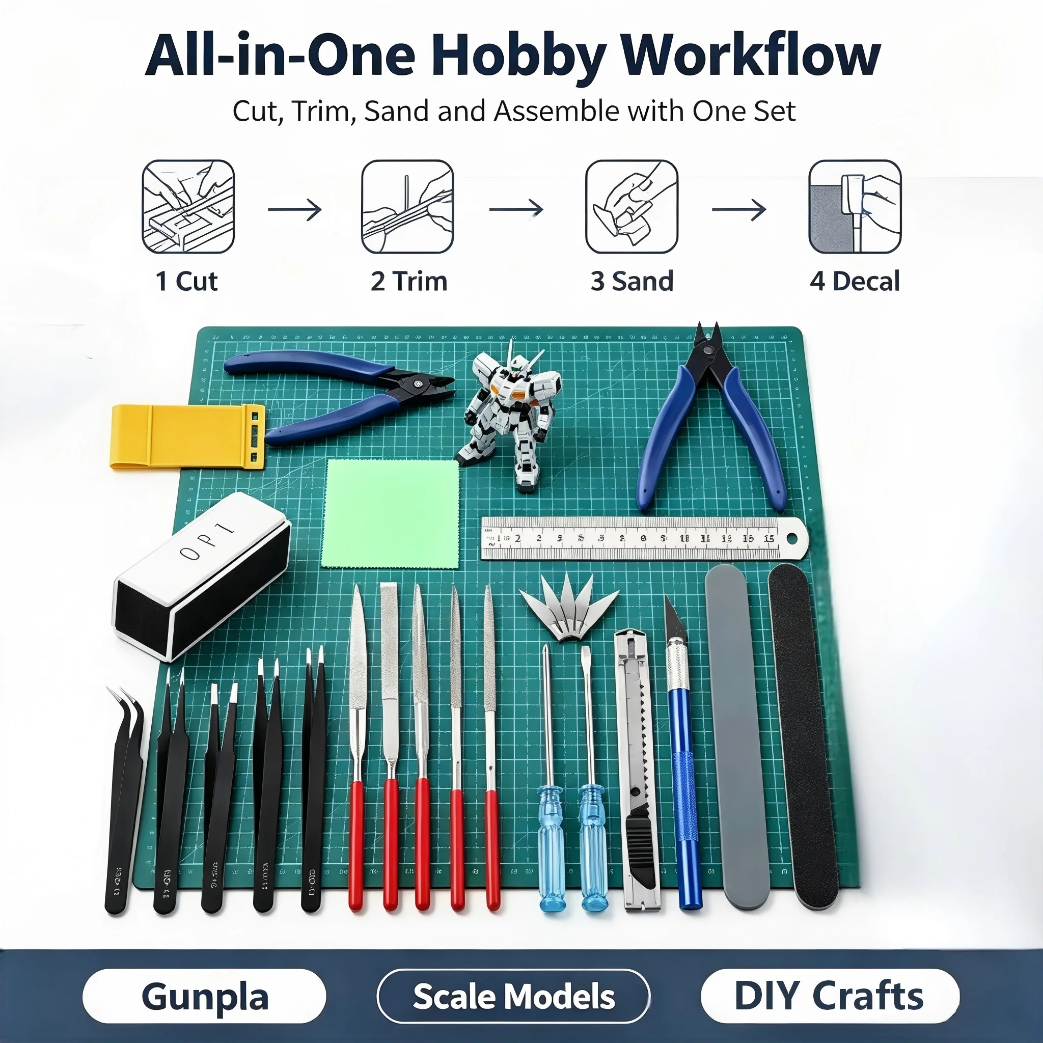 26Pcs Gundam Model Tool Set DIY Hobby Assembly Kit Side Cutter Tweezers Sanding Sticks Hobby Knife for Beginner Model Car Making