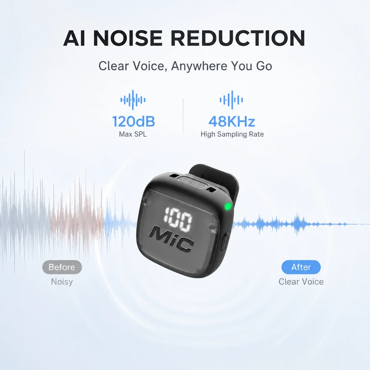 Mini Wireless Clip-On Microphone, Smart Noise Reduction, Long Battery Life, Perfect for Live Streaming, Podcasts, and Vlogs.