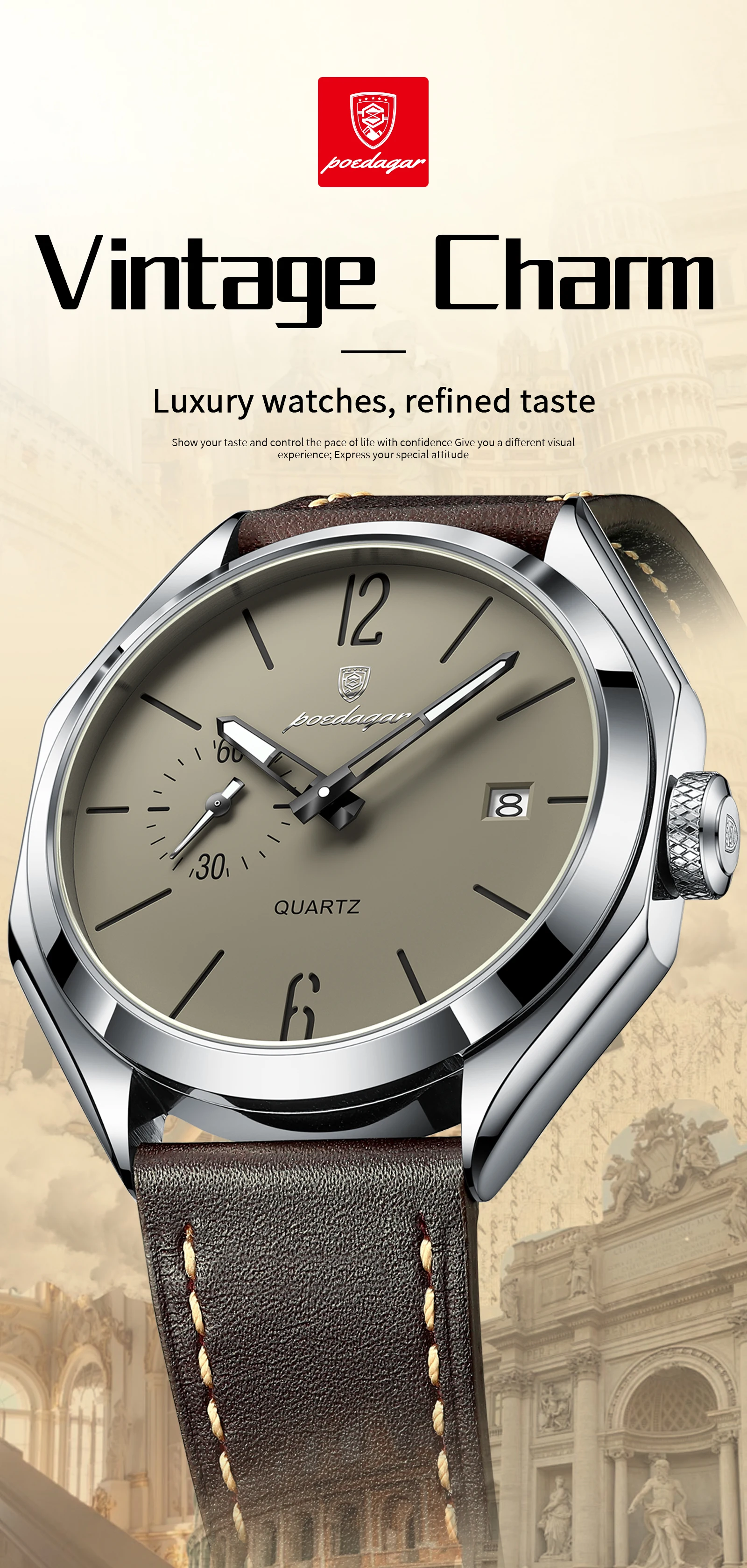 POEDAGAR Original Fashion Male Wristwatch Leather Quartz Business Men Watch Waterproof Luminous Date Elegant Men's Watches Reloj