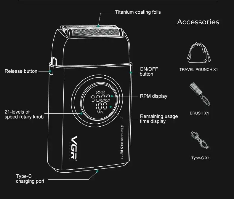 VGR Shaver Professional Beard Trimmer 9000 RPM Electric Razor Rechargeable Shaving Machine LED Lights Metal Shaver for Men V-378