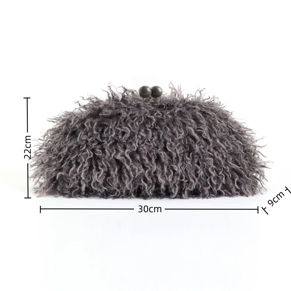 Women Kisslock Faux Fur Clutch Bag Winter Warm Fuzzy Pouch Frame Clasp Bag With Chain Crossbody Dark Grey Red Yellow