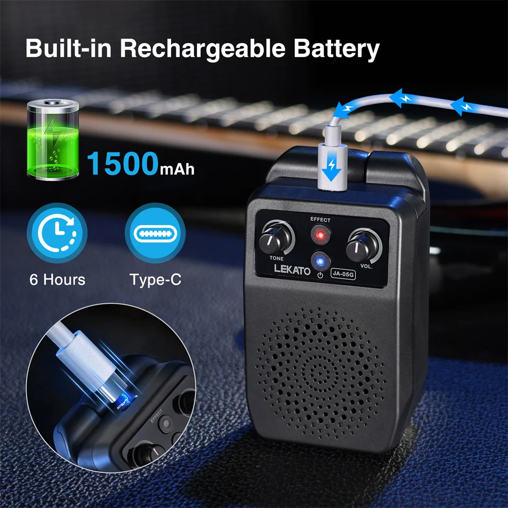 LEKATO Mini Electric Guitar Amp 5W Portable Guitar Amp Bluetooth Built-in 4 Effects Rechargeable Small Guitar Amp for Practice