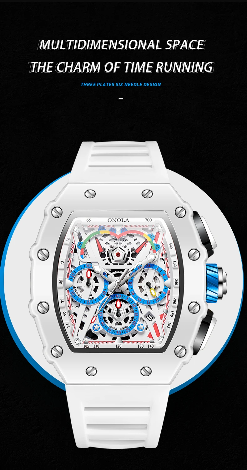 Luxury Watch Men's ONOLA Fashion Casual Multifunctional Silicone Tape Waterproof Quartz Watch White