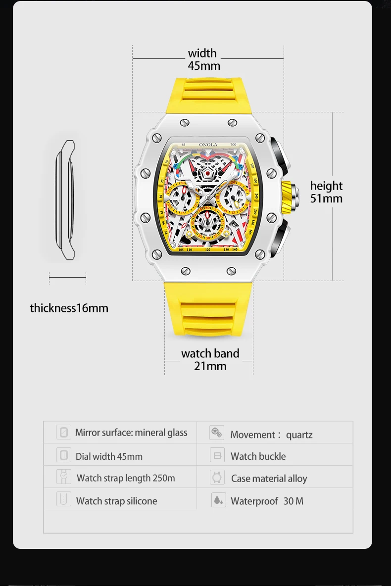 Luxury Watch Men's ONOLA Fashion Casual Multifunctional Silicone Tape Waterproof Quartz Watch White