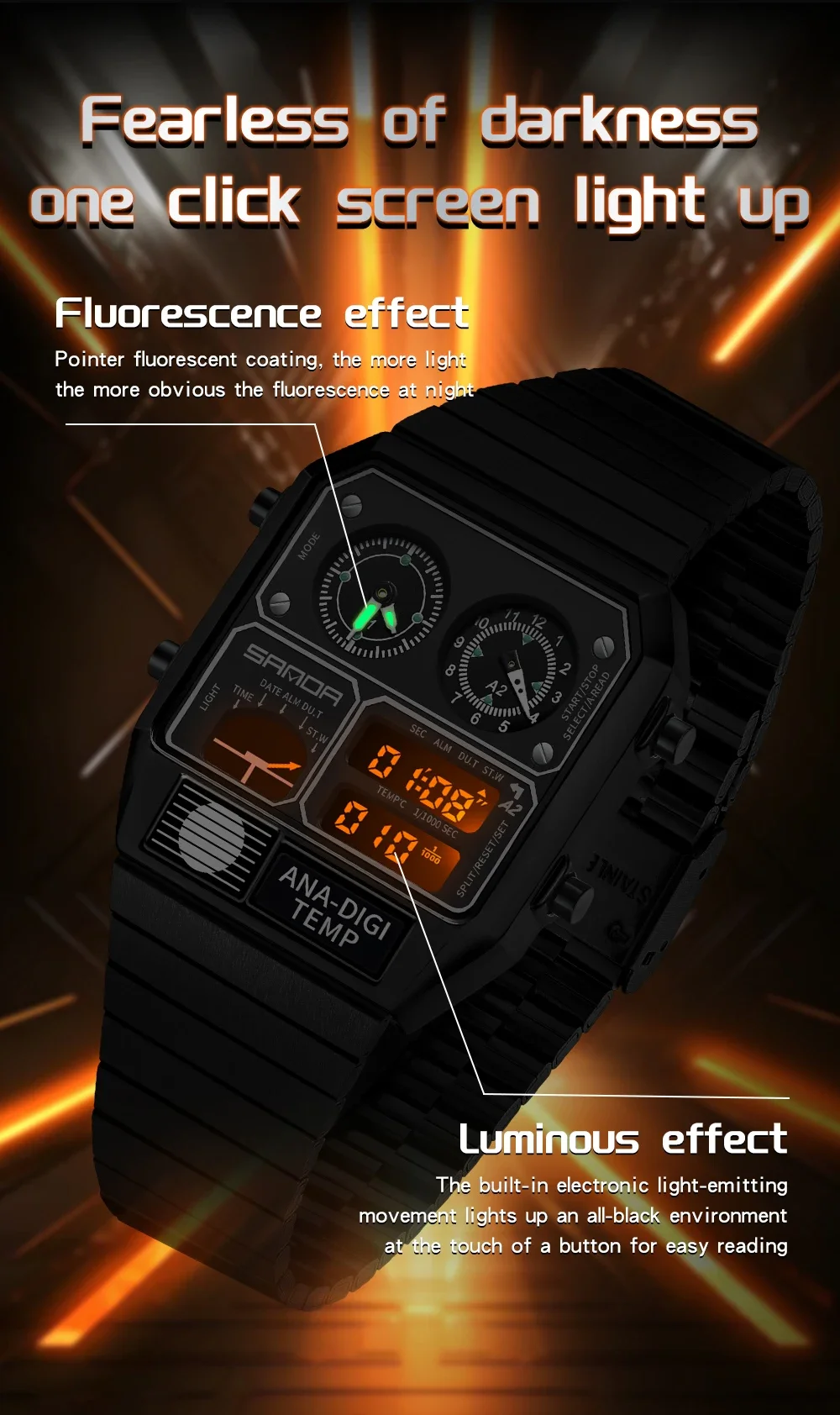 SANDA Top Fashion Men's Leisure Electronic Watch Multifunctional Thermometer Stopwatch Timing Men's Electronic Watch 3192