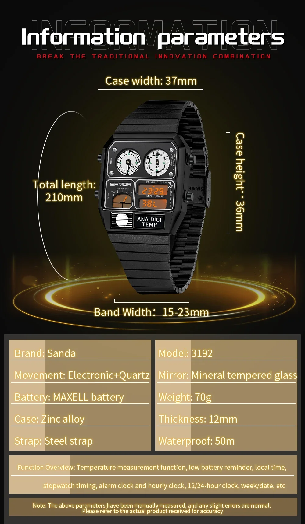 SANDA Top Fashion Men's Leisure Electronic Watch Multifunctional Thermometer Stopwatch Timing Men's Electronic Watch 3192
