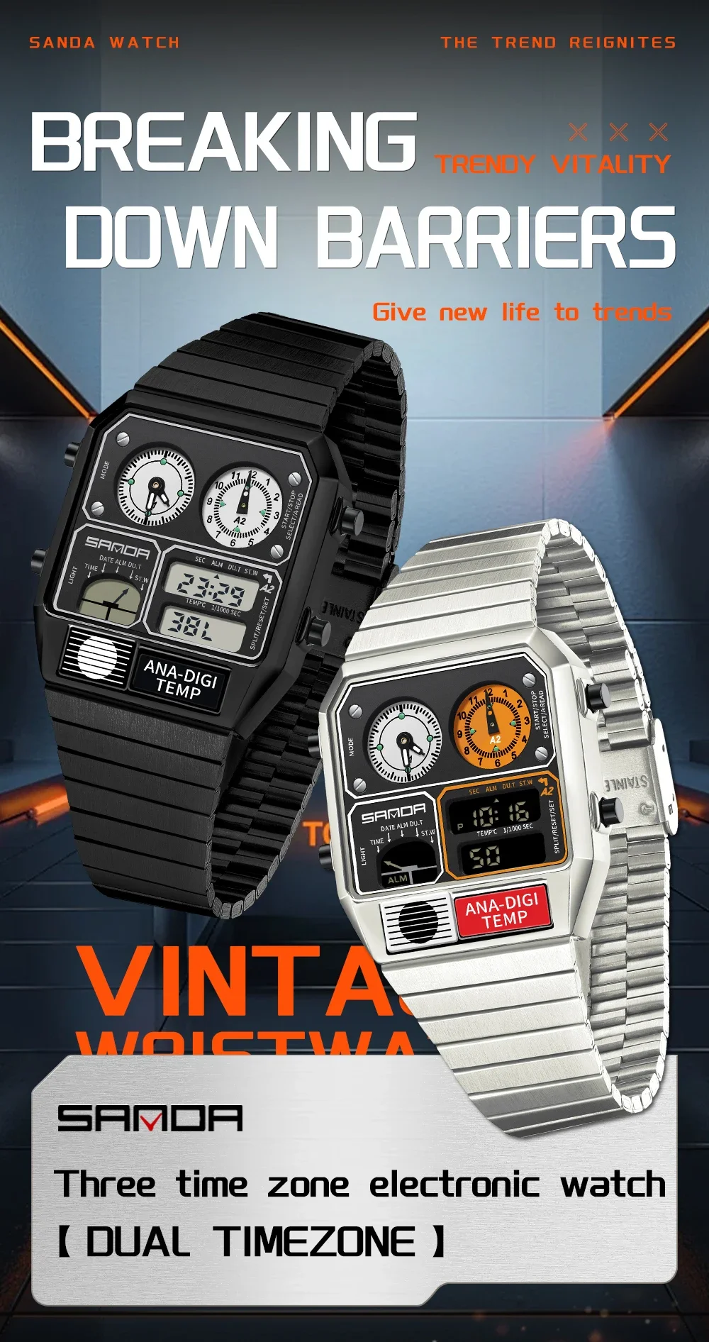 SANDA Top Fashion Men's Leisure Electronic Watch Multifunctional Thermometer Stopwatch Timing Men's Electronic Watch 3192