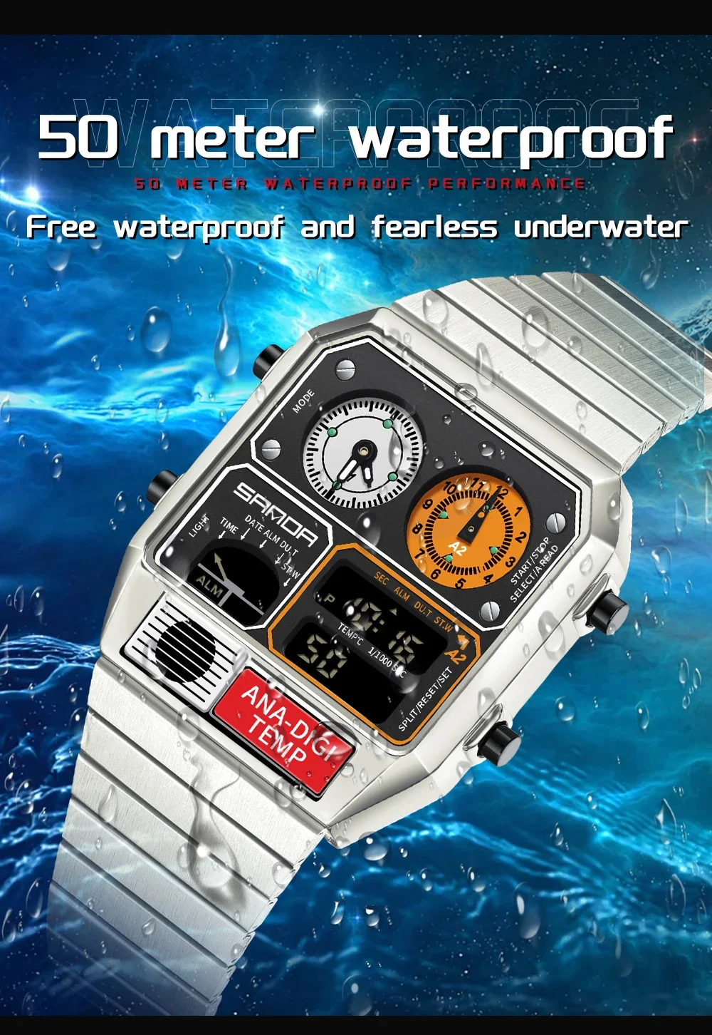 SANDA Top Fashion Men's Leisure Electronic Watch Multifunctional Thermometer Stopwatch Timing Men's Electronic Watch 3192