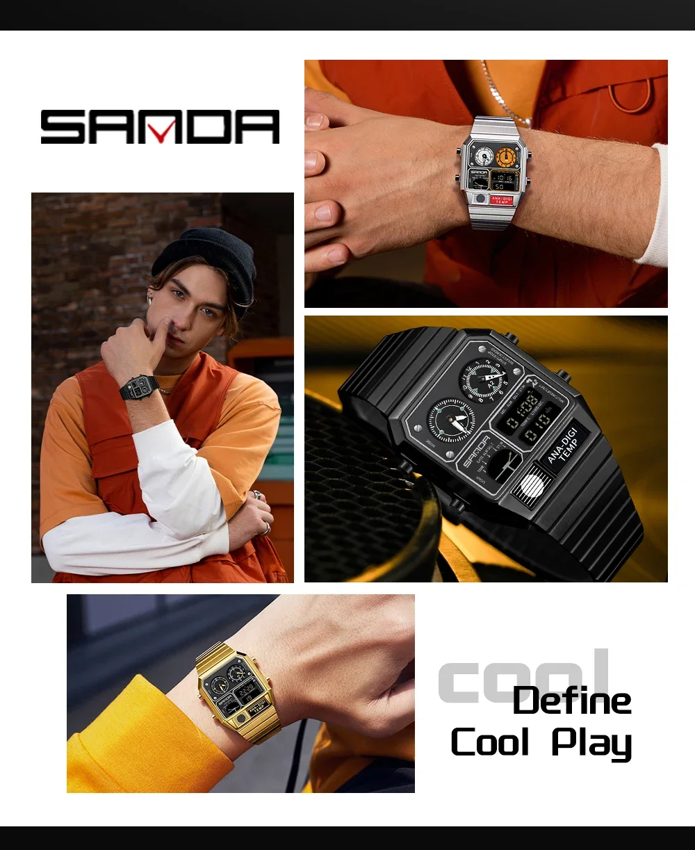 SANDA Top Fashion Men's Leisure Electronic Watch Multifunctional Thermometer Stopwatch Timing Men's Electronic Watch 3192