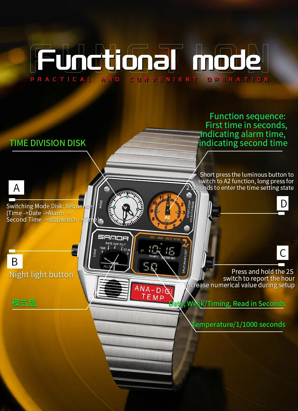 SANDA Top Fashion Men's Leisure Electronic Watch Multifunctional Thermometer Stopwatch Timing Men's Electronic Watch 3192