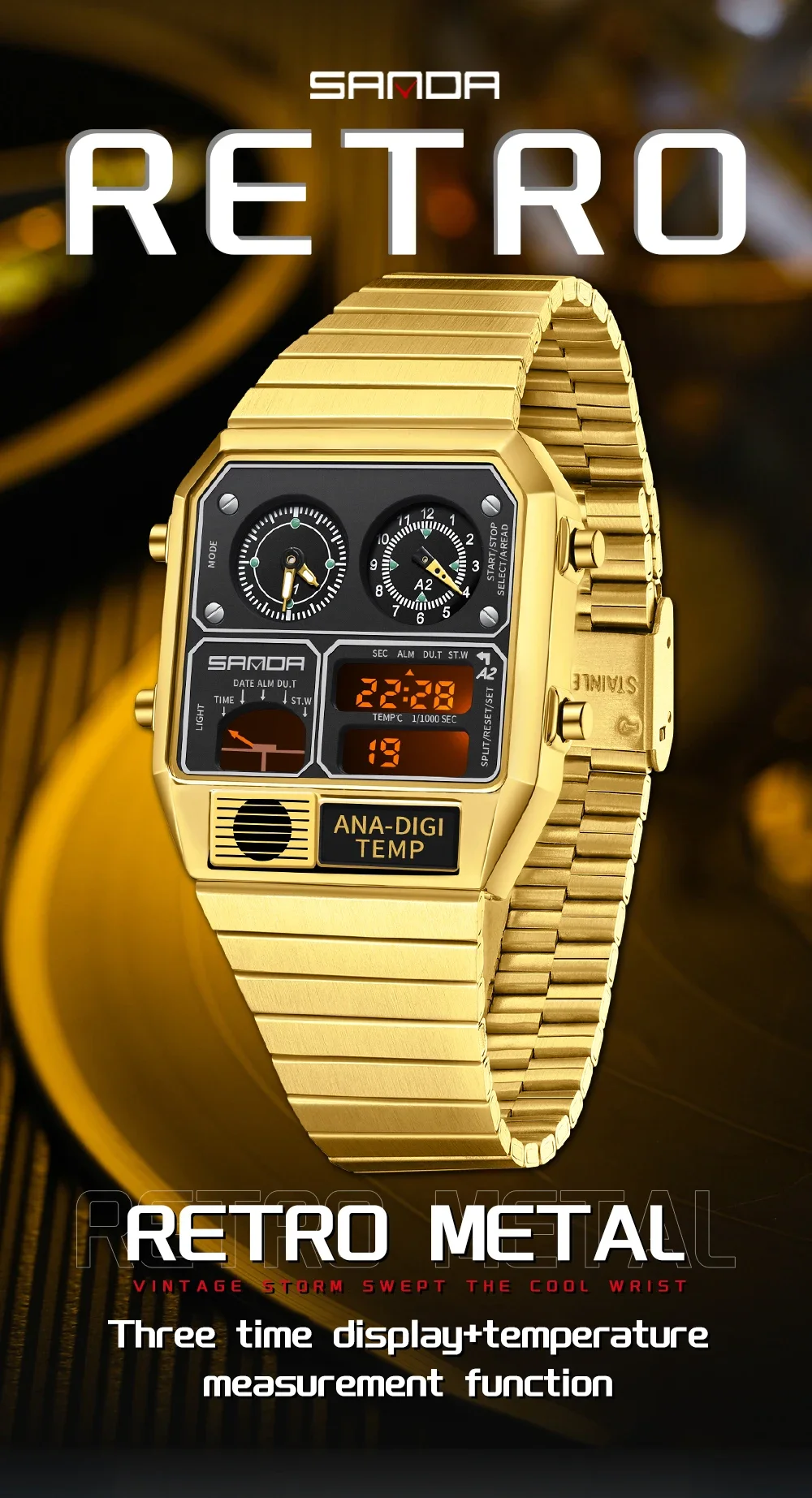 SANDA Top Fashion Men's Leisure Electronic Watch Multifunctional Thermometer Stopwatch Timing Men's Electronic Watch 3192